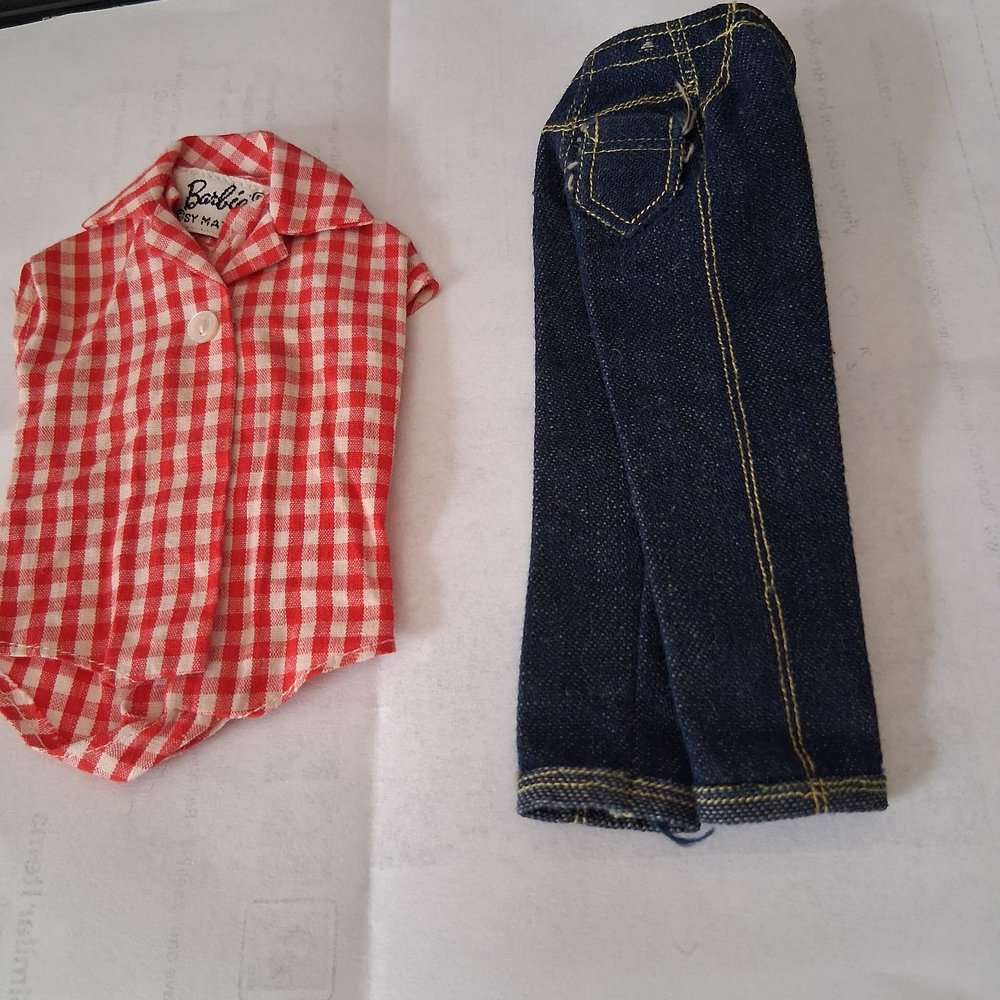 Barbie red and white plaid top and blue denim pants.